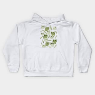 Strange green cats with black eyes and green fish Kids Hoodie